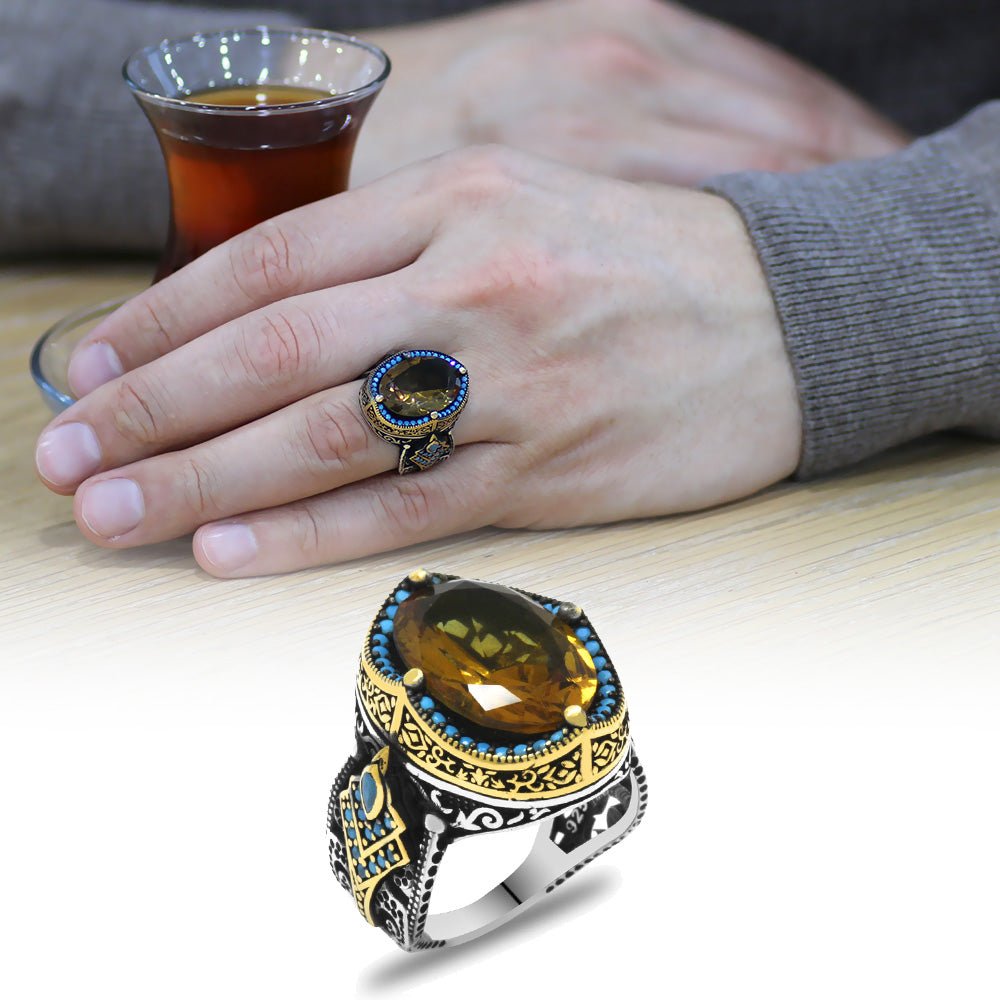 925 Sterling Silver Men's Ring with Facet Cut Zultanite Stone and Torch Detail on the Sides - EFENDINA PAZAR - Tesbihane - 102002348