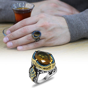 925 Sterling Silver Men's Ring with Facet Cut Zultanite Stone and Torch Detail on the Sides - EFENDINA PAZAR - Tesbihane - 102002348