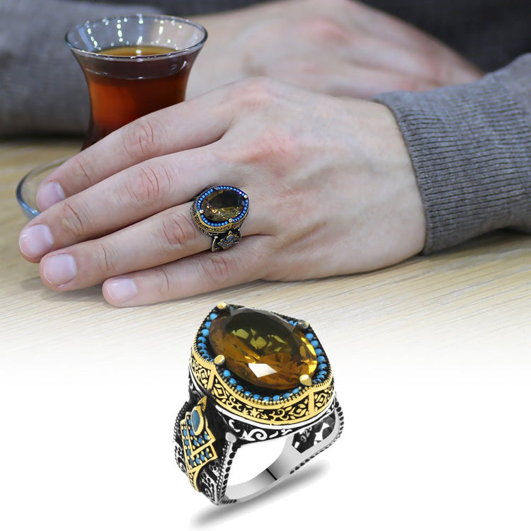 925 Sterling Silver Men's Ring with Facet Cut Zultanite Stone and Torch Detail on the Sides - EFENDINA PAZAR - Tesbihane - 102002348