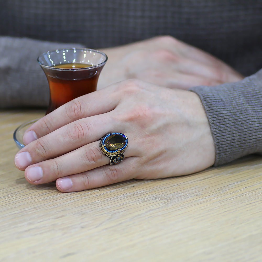 925 Sterling Silver Men's Ring with Facet Cut Zultanite Stone and Torch Detail on the Sides - EFENDINA PAZAR - Tesbihane - 102002348