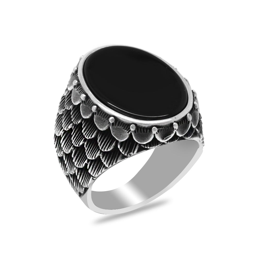 925 Sterling Silver Men's Ring with Fish Scale Detail and Black Onyx Stone - EFENDINA PAZAR - Tesbihane - 102002806