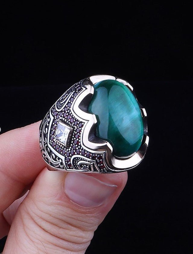 925 Sterling Silver Men's Ring with Green Tiger's Eye Stone and Engraving on the Sides - EFENDINA PAZAR - Tesbihane - 102002795