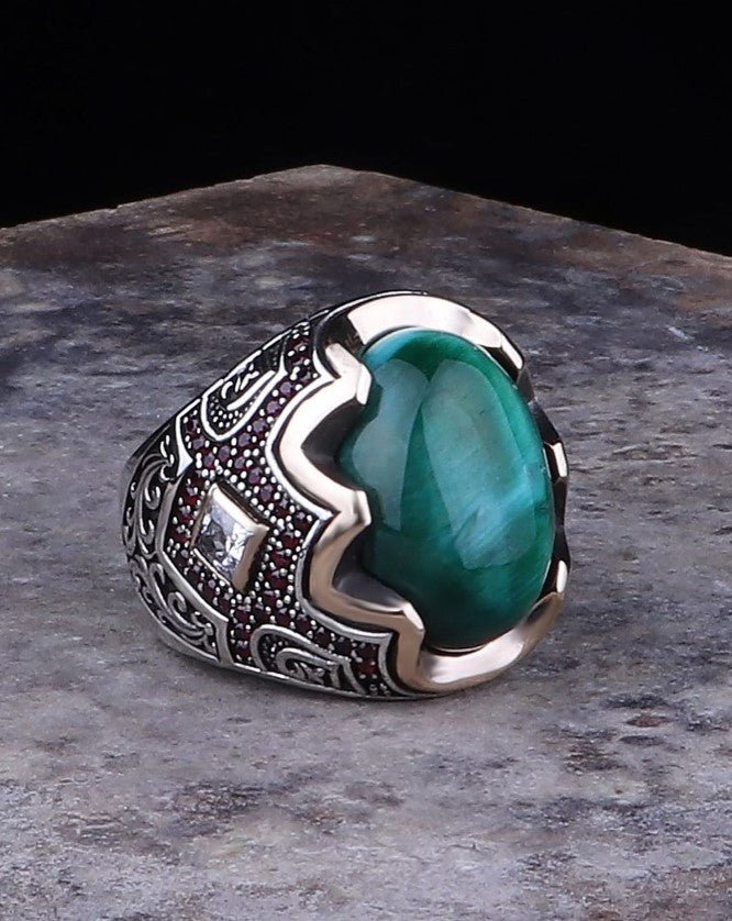 925 Sterling Silver Men's Ring with Green Tiger's Eye Stone and Engraving on the Sides - EFENDINA PAZAR - Tesbihane - 102002795