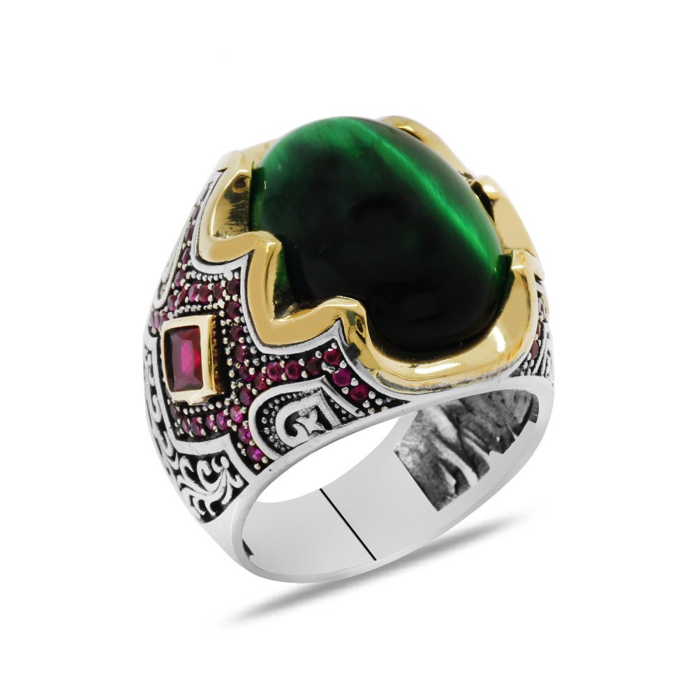 925 Sterling Silver Men's Ring with Green Tiger's Eye Stone and Engraving on the Sides - EFENDINA PAZAR - Tesbihane - 102002795