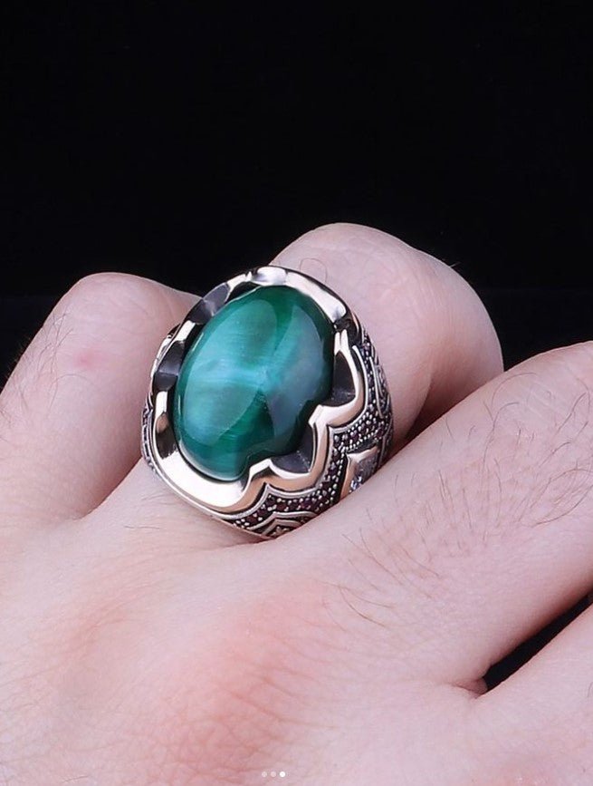 925 Sterling Silver Men's Ring with Green Tiger's Eye Stone and Engraving on the Sides - EFENDINA PAZAR - Tesbihane - 102002795