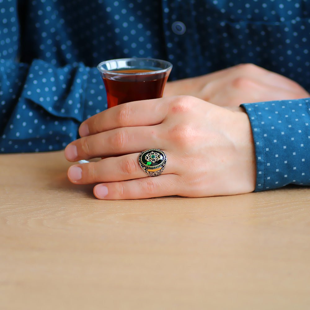 925 Sterling Silver Men's Ring with Green Zircon Stone and Personalized Name - EFENDINA PAZAR - Tesbihane - 102001852