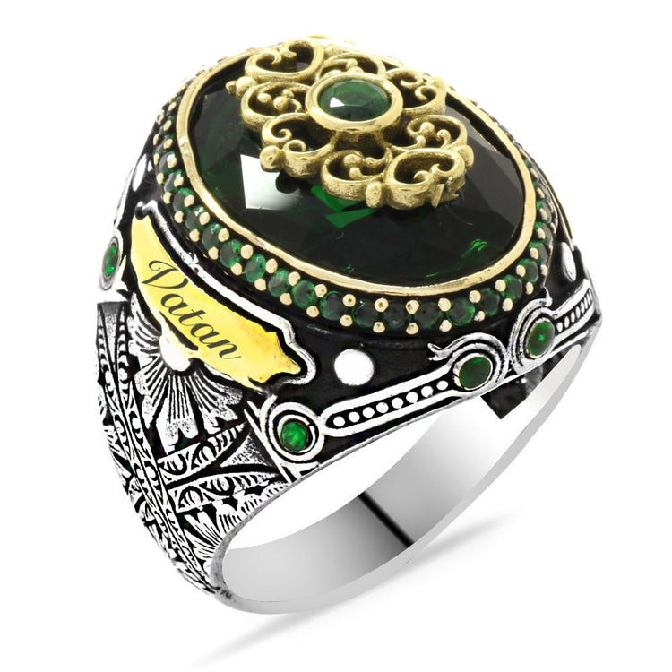 925 Sterling Silver Men's Ring with Green Zircon Stone and Personalized Name - EFENDINA PAZAR - Tesbihane - 102001852