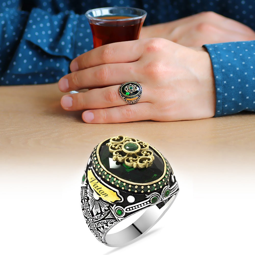 925 Sterling Silver Men's Ring with Green Zircon Stone and Personalized Name - EFENDINA PAZAR - Tesbihane - 102001852
