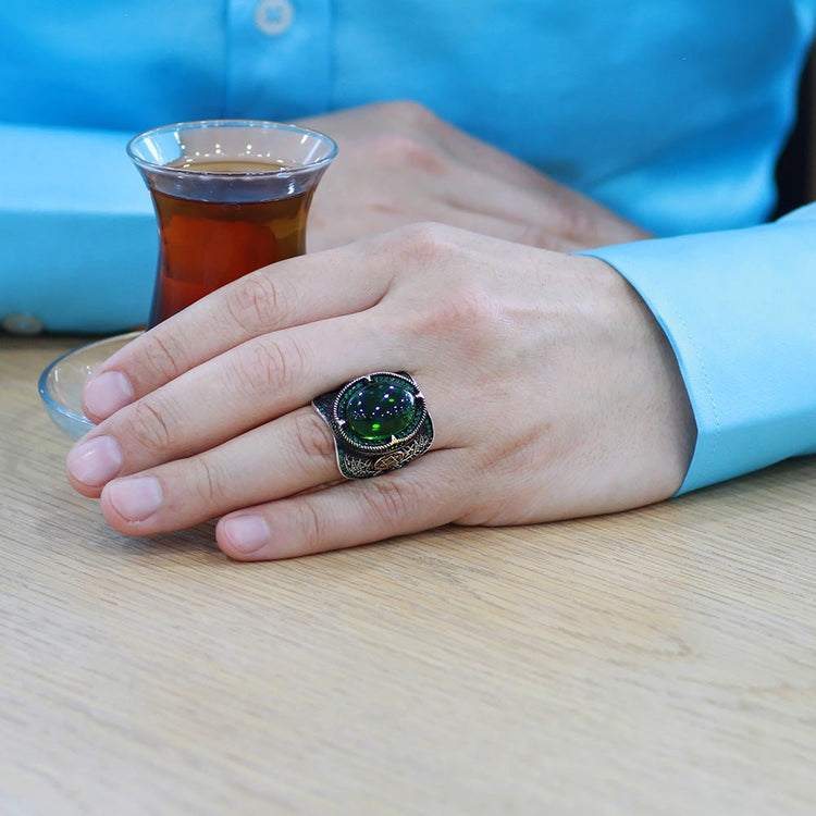 925 Sterling Silver Men's Ring with Green Zircon Stones and Seal of Solomon Embroidered on the Edges - EFENDINA PAZAR - Tesbihane - 102002594