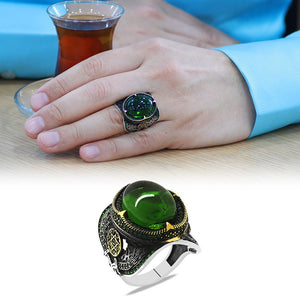 925 Sterling Silver Men's Ring with Green Zircon Stones and Seal of Solomon Embroidered on the Edges - EFENDINA PAZAR - Tesbihane - 102002594
