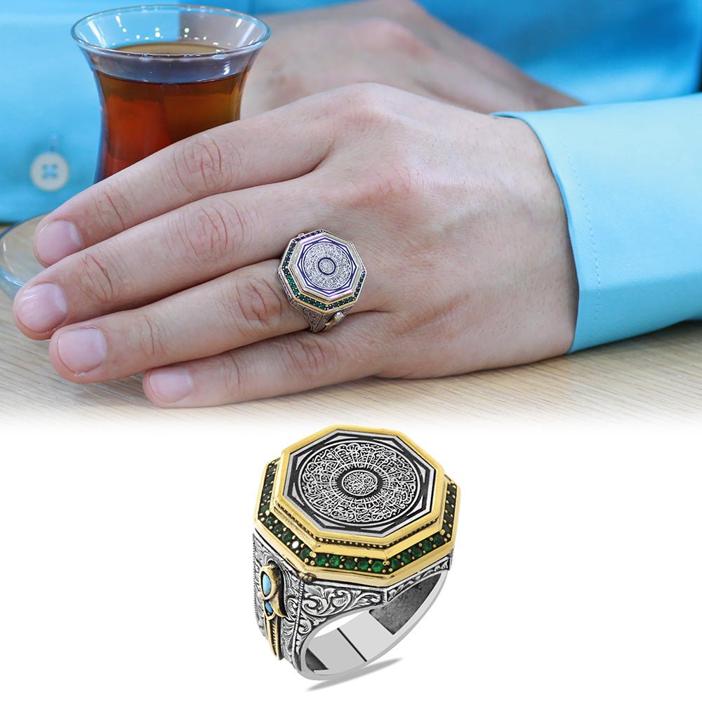 925 Sterling Silver Men's Ring with Hüsn - i Calligraphy Ayetel Kürsi Written on it and Zircon Stone Decorated Dagger Detail - EFENDINA PAZAR - Tesbihane - 102002620
