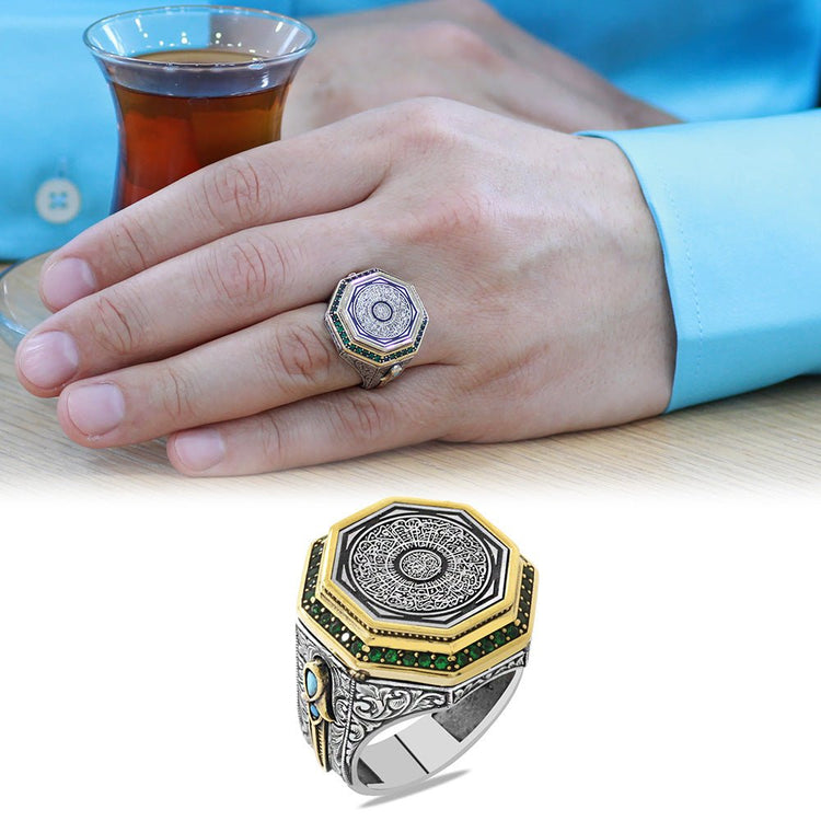925 Sterling Silver Men's Ring with Hüsn - i Calligraphy Ayetel Kürsi Written on it and Zircon Stone Decorated Dagger Detail - EFENDINA PAZAR - Tesbihane - 102002620