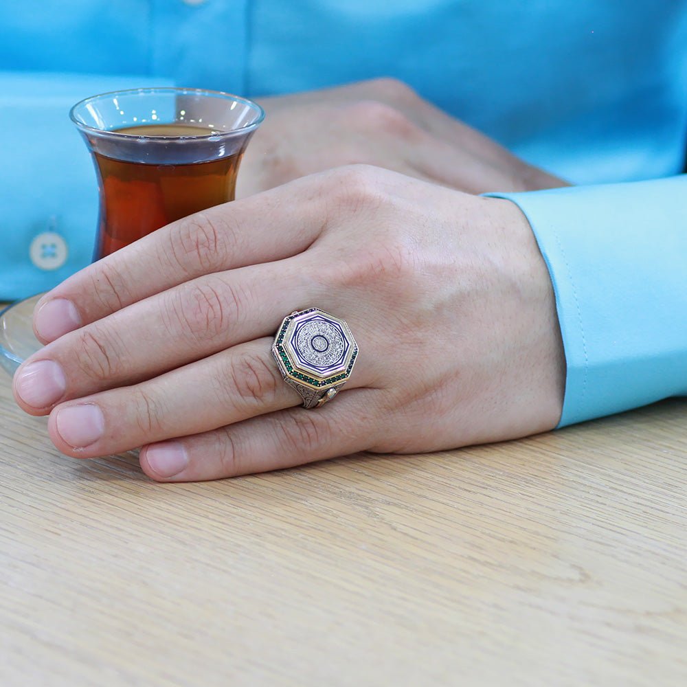 925 Sterling Silver Men's Ring with Hüsn - i Calligraphy Ayetel Kürsi Written on it and Zircon Stone Decorated Dagger Detail - EFENDINA PAZAR - Tesbihane - 102002620