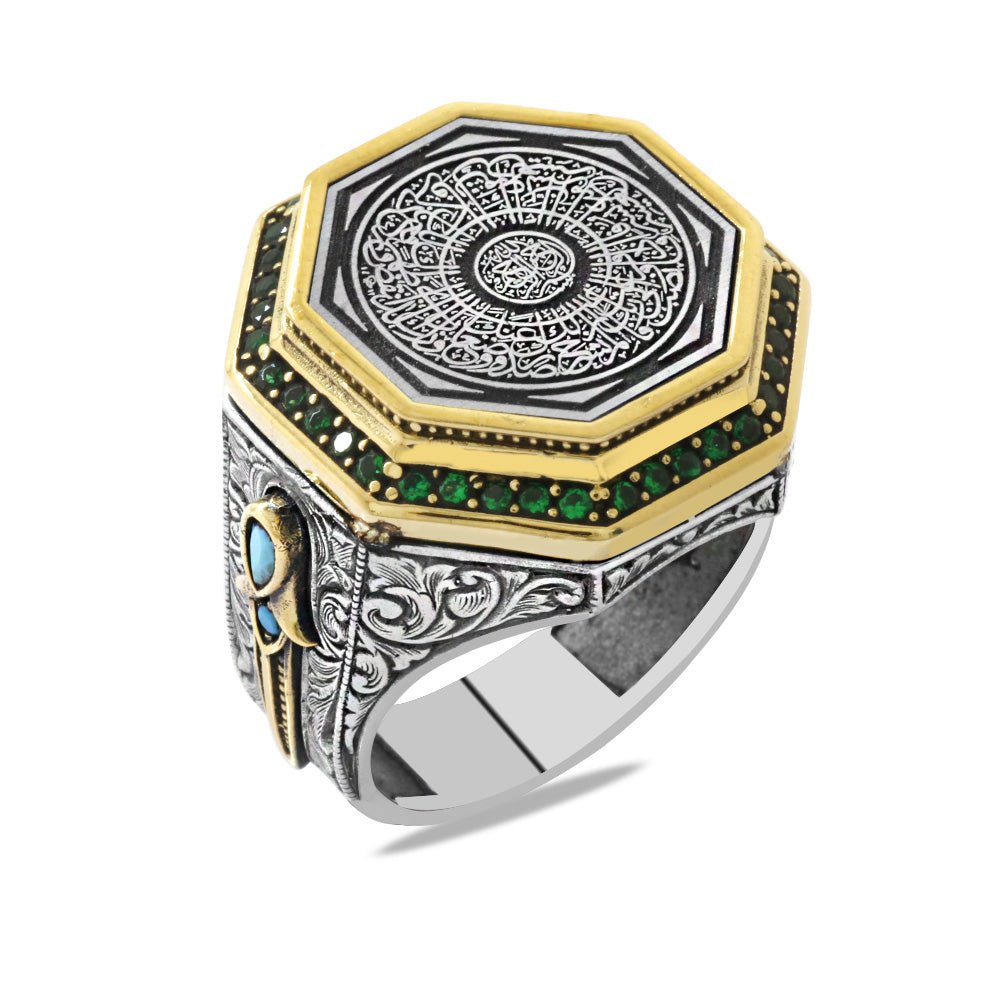925 Sterling Silver Men's Ring with Hüsn - i Calligraphy Ayetel Kürsi Written on it and Zircon Stone Decorated Dagger Detail - EFENDINA PAZAR - Tesbihane - 102002620