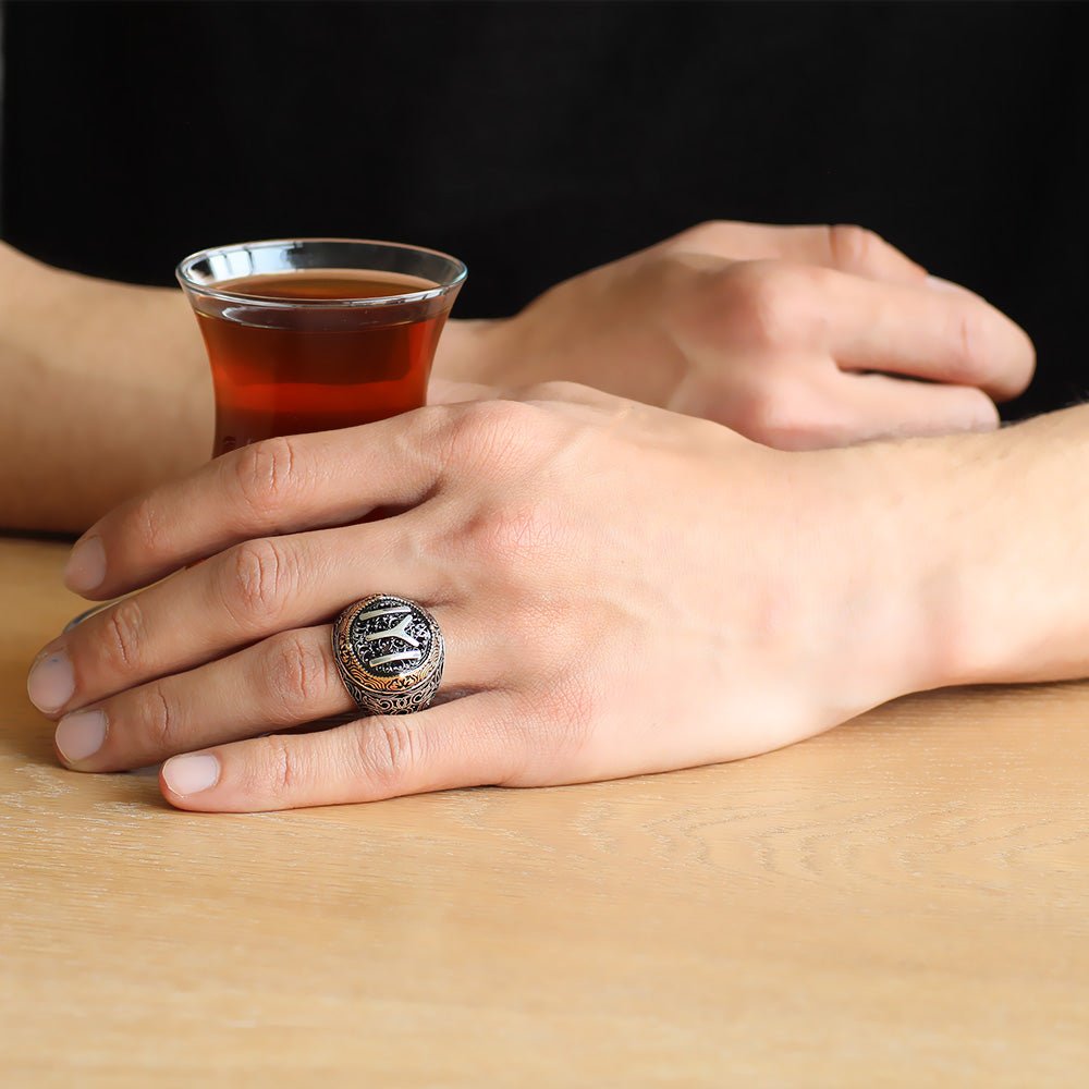 925 Sterling Silver Men's Ring with Kayi Boyu Motif - EFENDINA PAZAR - Tesbihane - 102001020