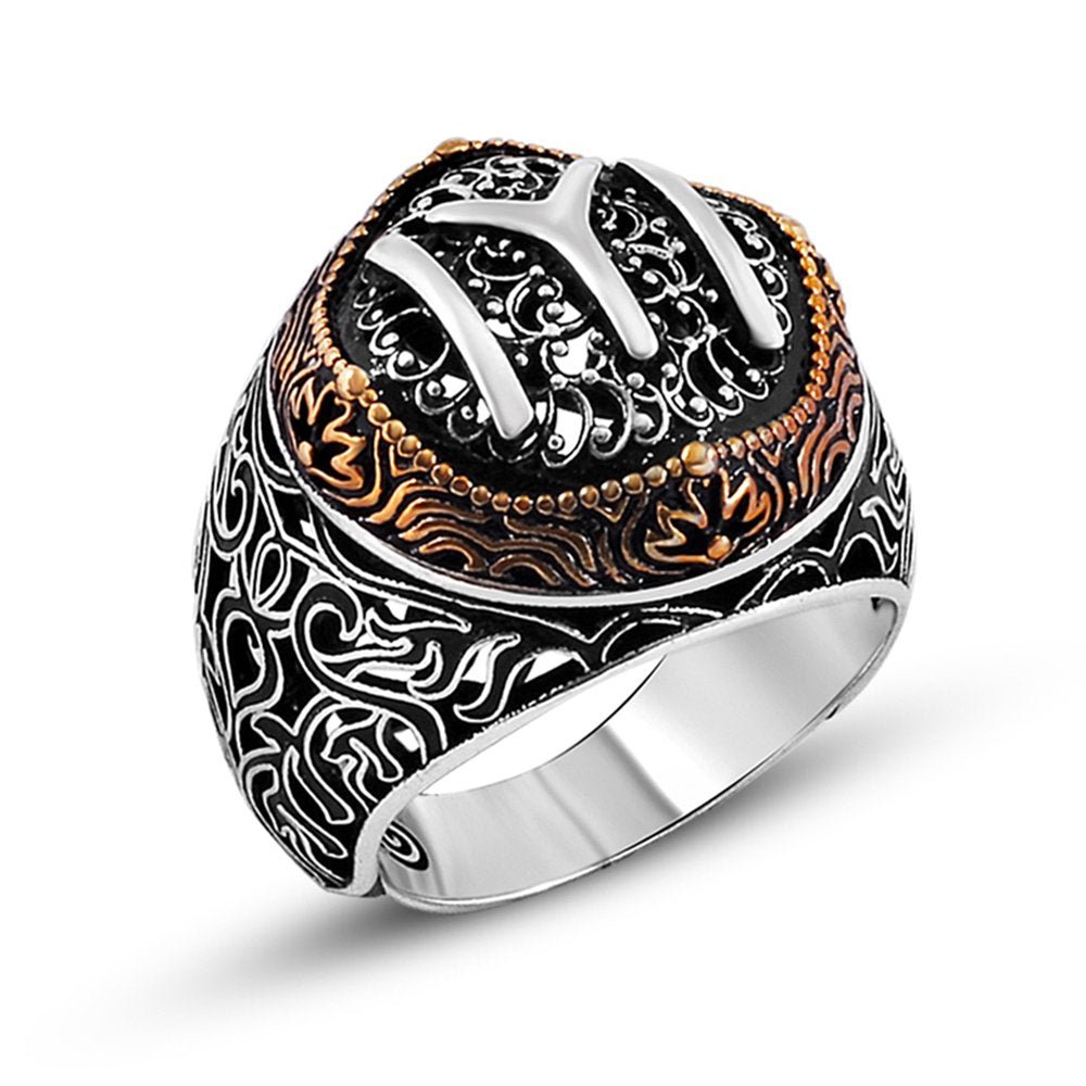 925 Sterling Silver Men's Ring with Kayi Boyu Motif - EFENDINA PAZAR - Tesbihane - 102001020