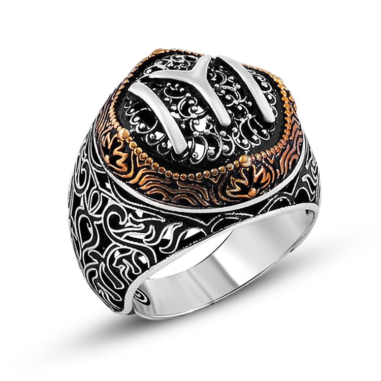 925 Sterling Silver Men's Ring with Kayi Boyu Motif - EFENDINA PAZAR - Tesbihane - 102001020