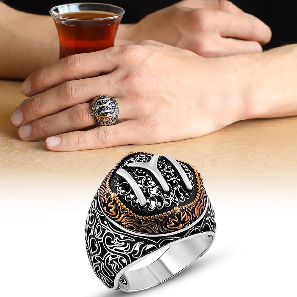 925 Sterling Silver Men's Ring with Kayi Boyu Motif - EFENDINA PAZAR - Tesbihane - 102001020