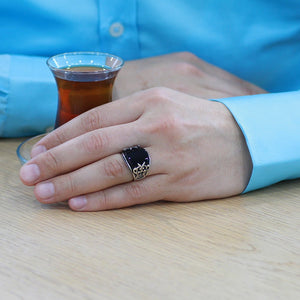925 Sterling Silver Men's Ring with Marcasite Stone Embroidered Black Domed Onyx Stone - EFENDINA PAZAR - Tesbihane - 102002611
