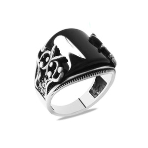 925 Sterling Silver Men's Ring with Marcasite Stone Embroidered Black Domed Onyx Stone - EFENDINA PAZAR - Tesbihane - 102002611