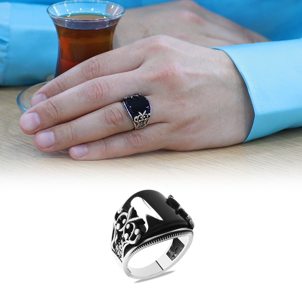 925 Sterling Silver Men's Ring with Marcasite Stone Embroidered Black Domed Onyx Stone - EFENDINA PAZAR - Tesbihane - 102002611