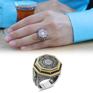 925 Sterling Silver Men's Ring with Micro Zircon Stone Decorated Dagger Detail with Calligraphy Ayetel Kursi Written on it - EFENDINA PAZAR - Tesbihane - 102002619