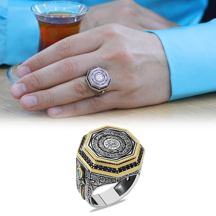 925 Sterling Silver Men's Ring with Micro Zircon Stone Decorated Dagger Detail with Calligraphy Ayetel Kursi Written on it - EFENDINA PAZAR - Tesbihane - 102002619