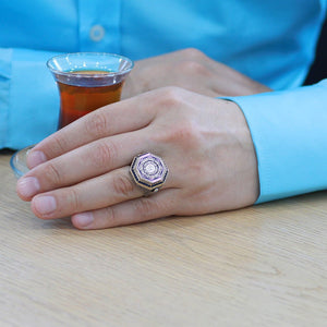 925 Sterling Silver Men's Ring with Micro Zircon Stone Decorated Dagger Detail with Calligraphy Ayetel Kursi Written on it - EFENDINA PAZAR - Tesbihane - 102002619