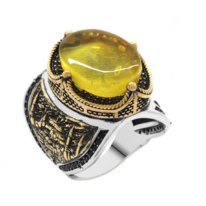 925 Sterling Silver Men's Ring with Natural Drop Amber Stone and Blue Mosque Detail on the Sides - EFENDINA PAZAR - Tesbihane - 102002278