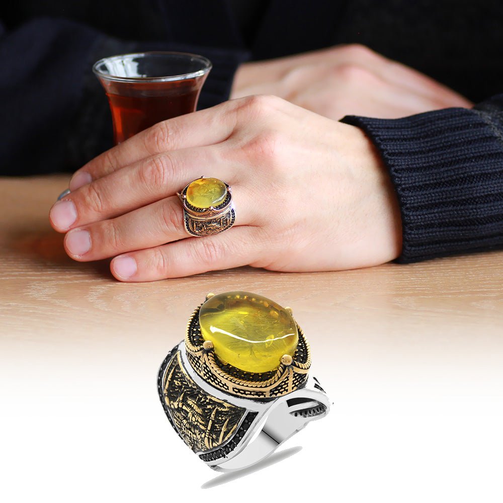 925 Sterling Silver Men's Ring with Natural Drop Amber Stone and Blue Mosque Detail on the Sides - EFENDINA PAZAR - Tesbihane - 102002278