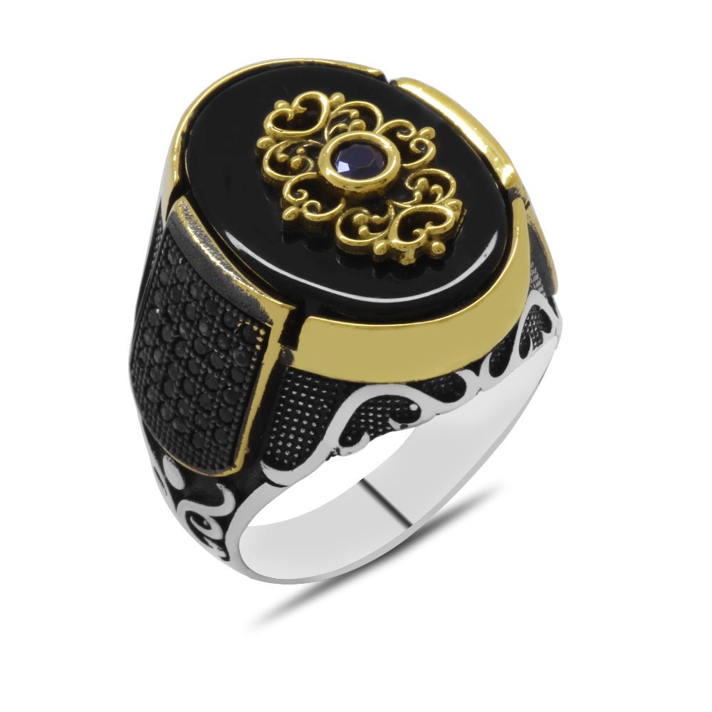 925 Sterling Silver Men's Ring with Plain Onyx Stone and Micro Stone Set on the Sides - EFENDINA PAZAR - Tesbihane - 102002178