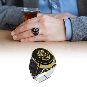 925 Sterling Silver Men's Ring with Plain Onyx Stone and Micro Stone Set on the Sides - EFENDINA PAZAR - Tesbihane - 102002178