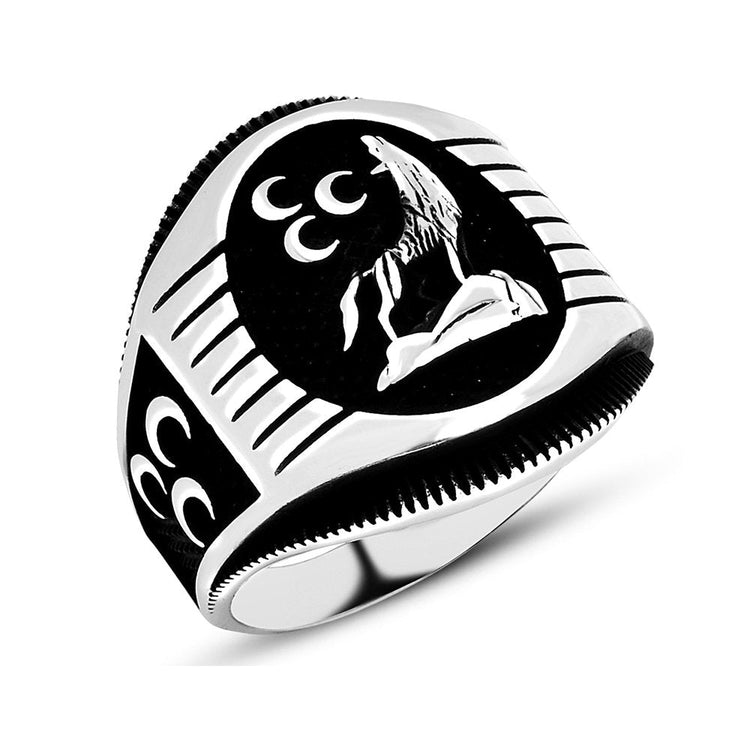 925 Sterling Silver Men's Ring with Three Crescents and Wolf - EFENDINA PAZAR - Tesbihane - 102001072