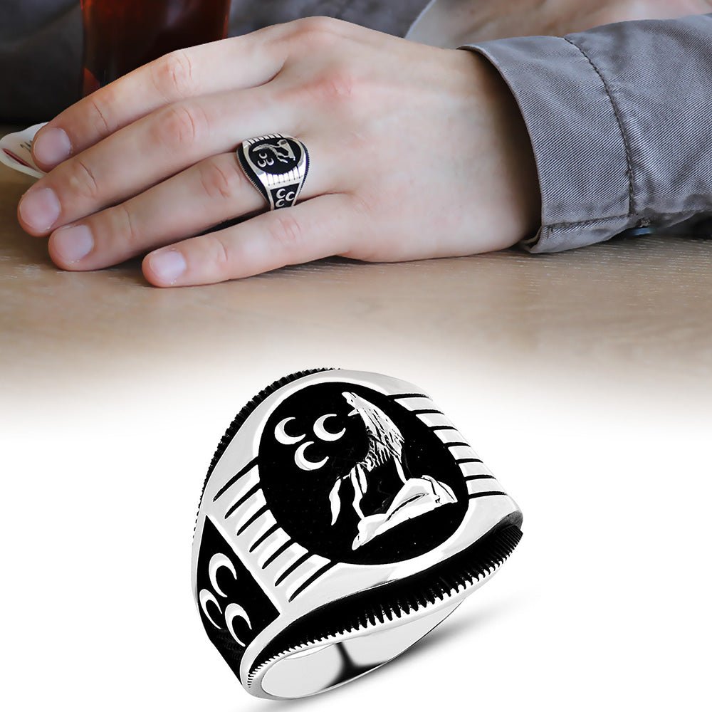 925 Sterling Silver Men's Ring with Three Crescents and Wolf - EFENDINA PAZAR - Tesbihane - 102001072