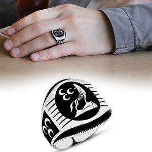 925 Sterling Silver Men's Ring with Three Crescents and Wolf - EFENDINA PAZAR - Tesbihane - 102001072