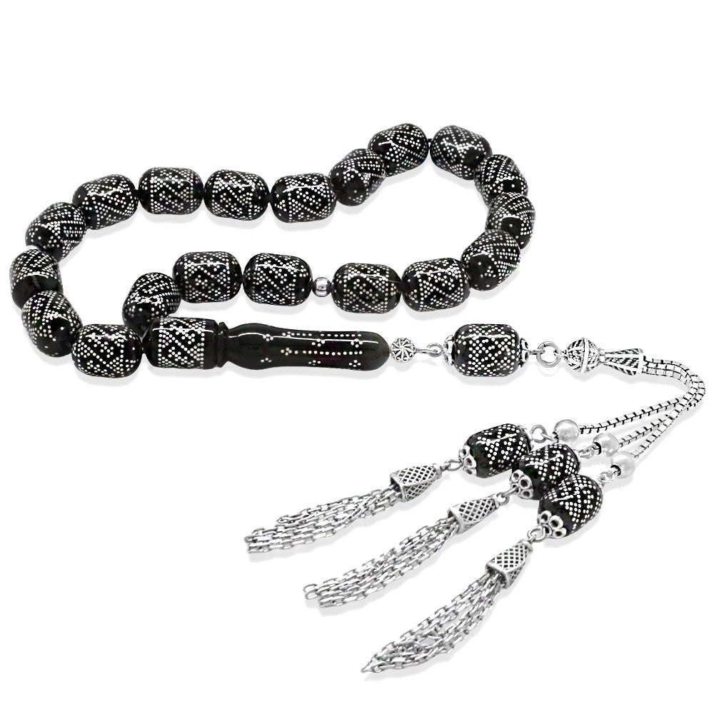 9.300 Pieces of Silver Hammer Embroidered 925 Sterling Silver Cube Box with Tassels Muhammed Aydoğan Caliper Workmanship Capsule Cut Oltu Stone Efe Tasbih - EFENDINA PAZAR - Tesbihane - 101004856