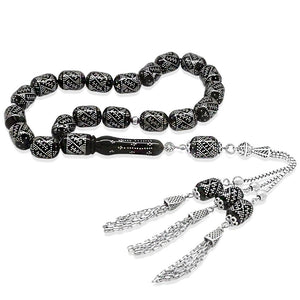 9.300 Pieces of Silver Hammer Embroidered 925 Sterling Silver Cube Box with Tassels Muhammed Aydoğan Caliper Workmanship Capsule Cut Oltu Stone Efe Tasbih - EFENDINA PAZAR - Tesbihane - 101004856