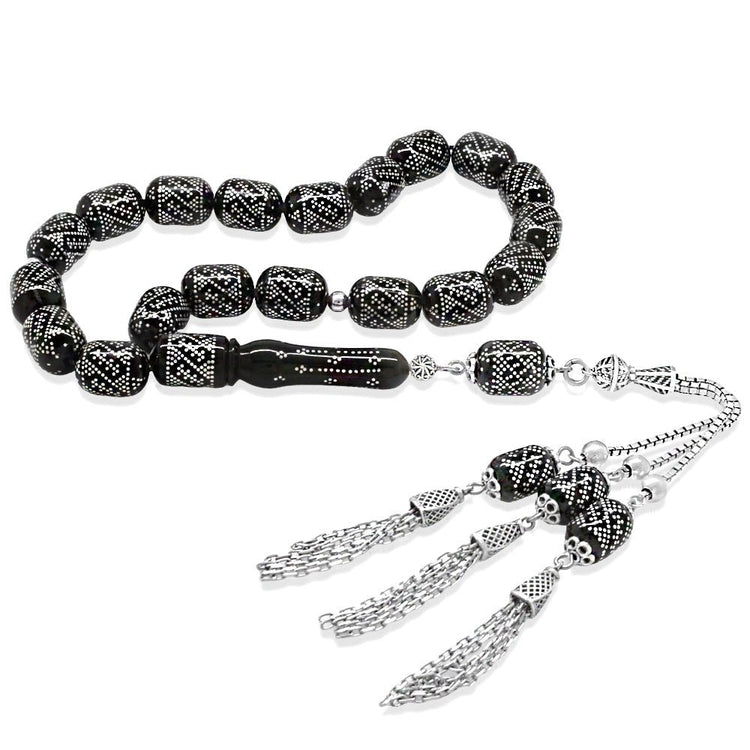 9.300 Pieces of Silver Hammer Embroidered 925 Sterling Silver Cube Box with Tassels Muhammed Aydoğan Caliper Workmanship Capsule Cut Oltu Stone Efe Tasbih - EFENDINA PAZAR - Tesbihane - 101004856