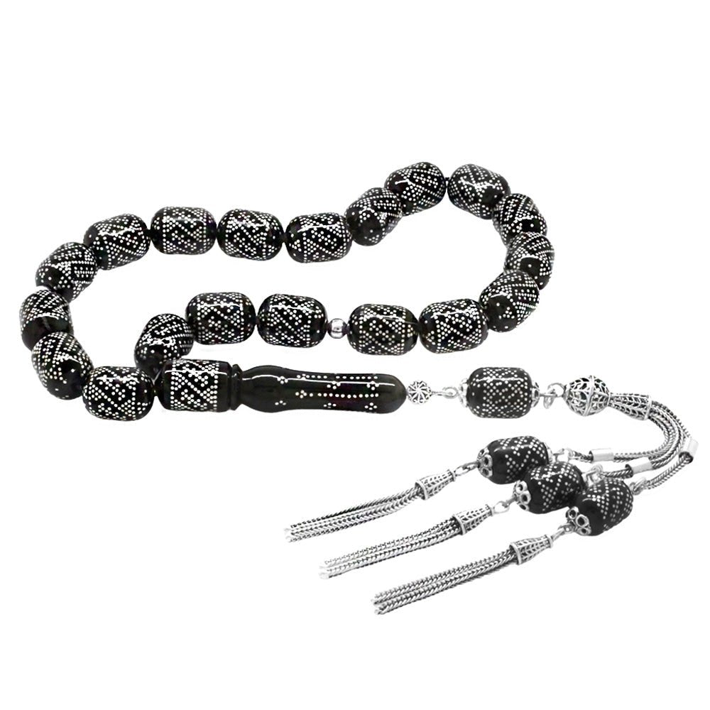 9.300 Pieces of Silver Hammer Embroidered 925 Sterling Silver Tassels Muhammed Aydoğan Caliper Workmanship Capsule Cut Oltu Stone Efe Tasbih - EFENDINA PAZAR - Tesbihane - 101004855