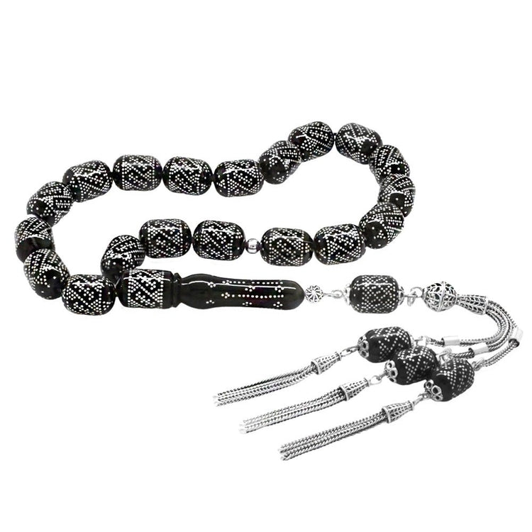 9.300 Pieces of Silver Hammer Embroidered 925 Sterling Silver Tassels Muhammed Aydoğan Caliper Workmanship Capsule Cut Oltu Stone Efe Tasbih - EFENDINA PAZAR - Tesbihane - 101004855
