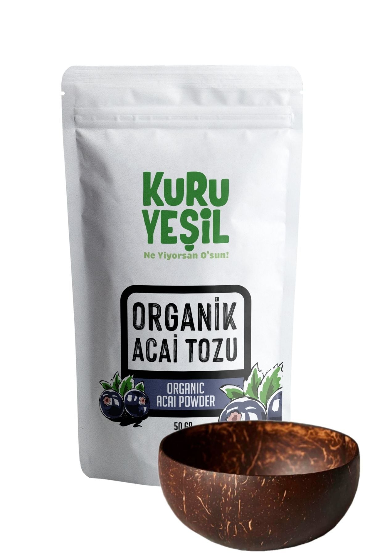 Kuru Yeşil Organic Acai Powder 50 g and Handmade Jumbo Bowl