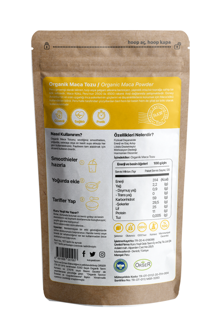 Kuru Yeşil Dry Green Organic Maca Powder 100 g