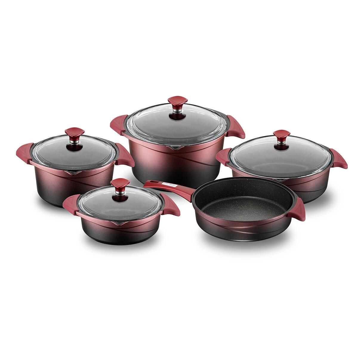 Aryıldız Flipper Red Black Glass Cookware Set of 5