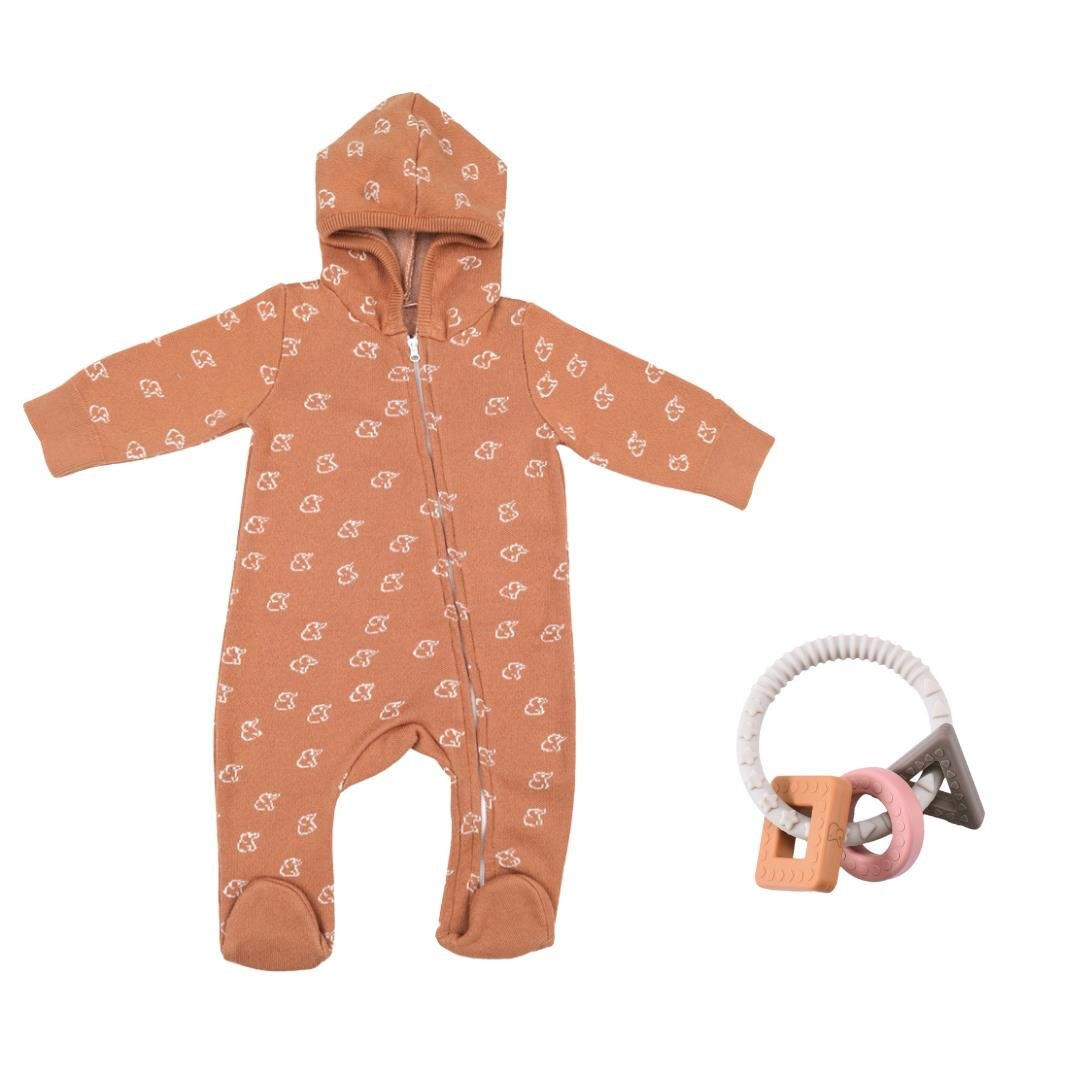 baby Hooded Overalls and Silicone Teether Gift Set Brown - EFENDINA PAZAR - BABOO - 8691810009455