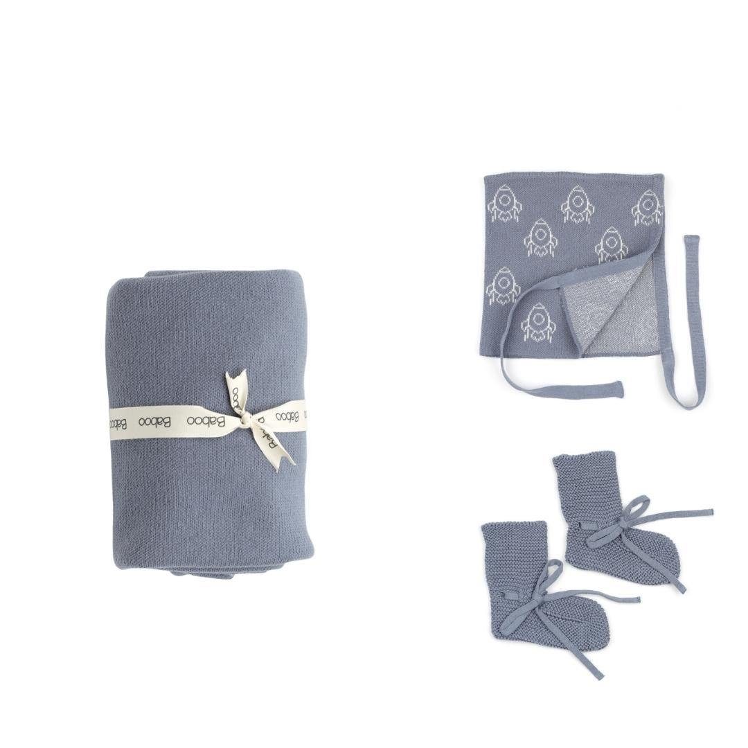 Blanket Beanie Booties Gift Set Blue - EFENDINA PAZAR - BABOO - 8691810008908