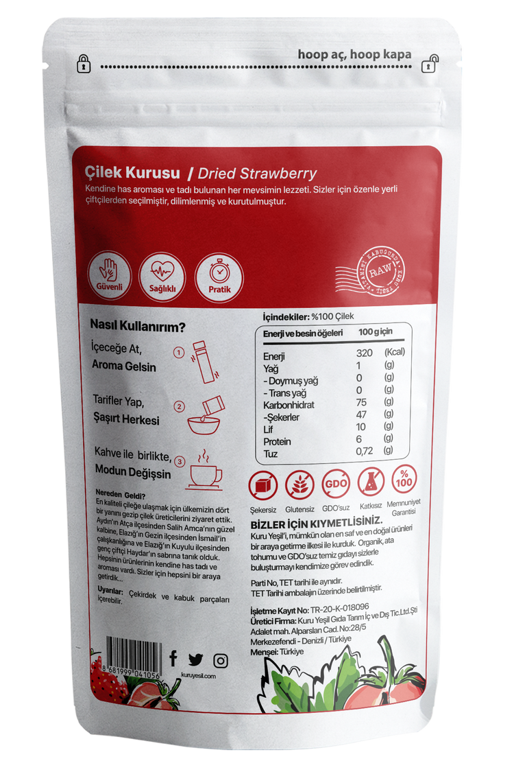 Kuru Yeşil Local Natural Dried Strawberry 100 g 3 Pack 