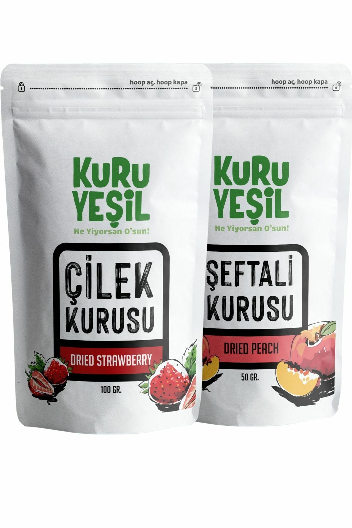 Kuru Yeşil Dried Peach 50 g and Dried Strawberry 100 g