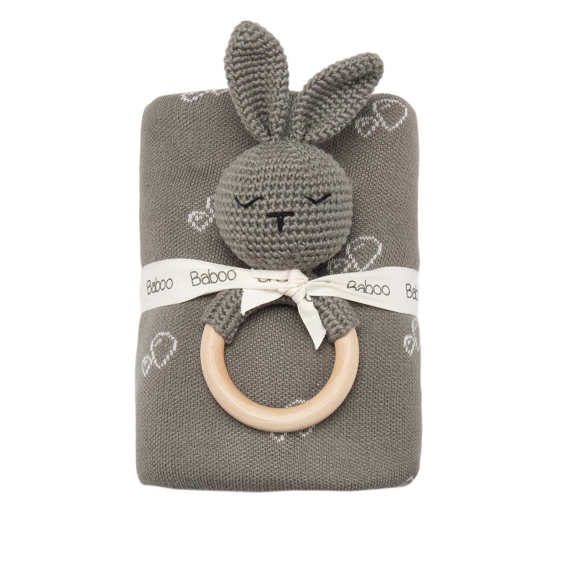 Patterned baby Blanket with Ring Rabbit toy Set Gray