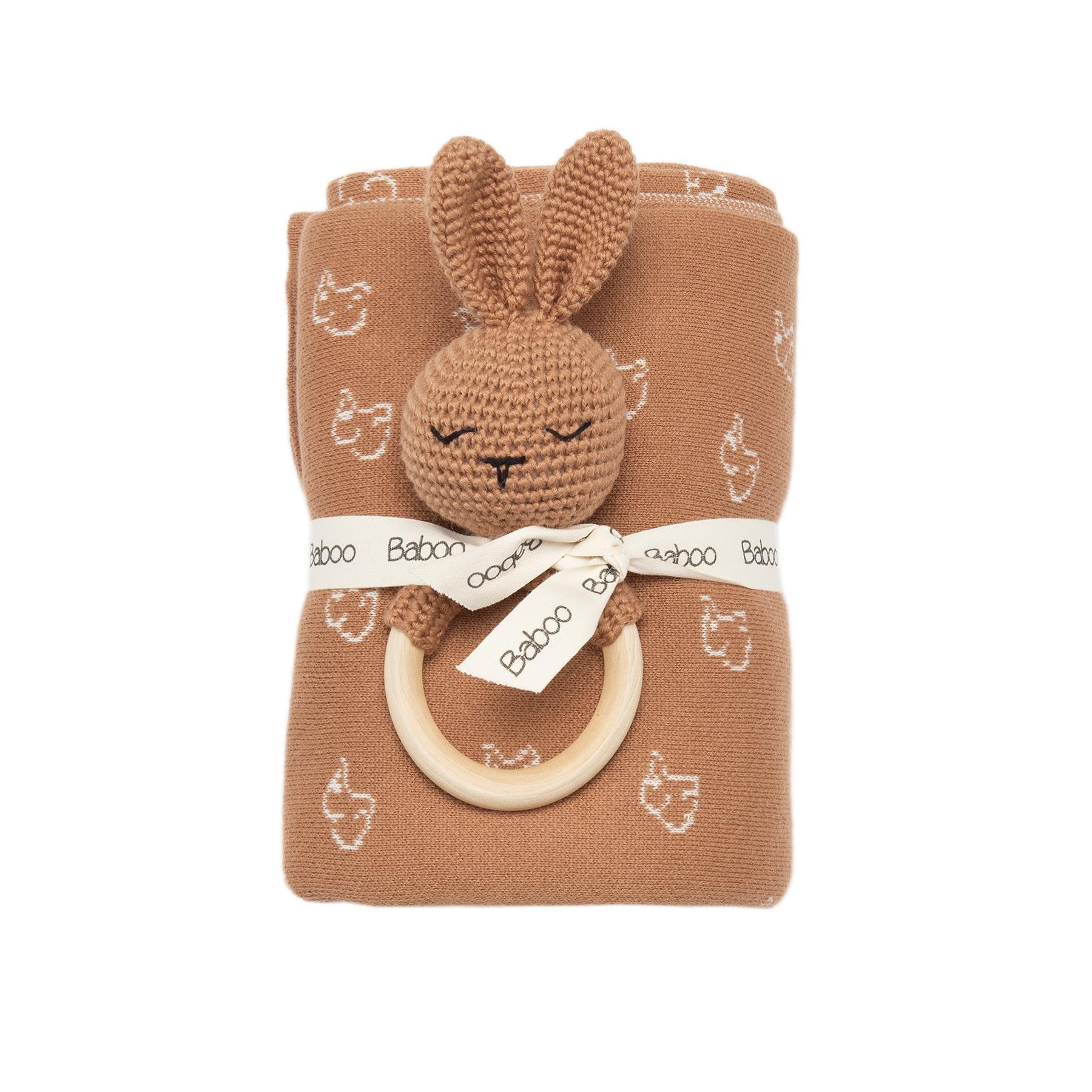 Patterned baby Blanket with Ring Rabbit toy Set Brown