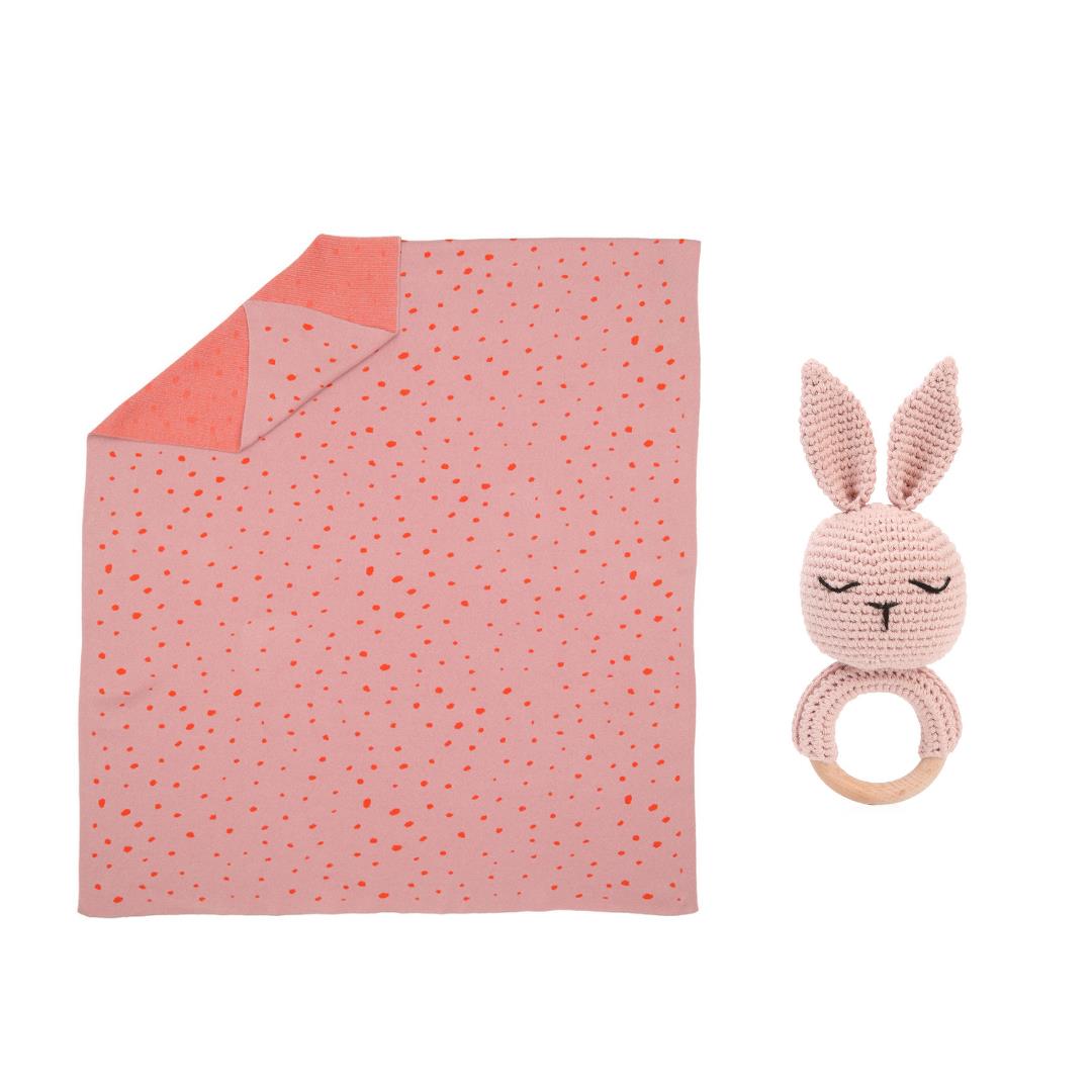 Patterned baby Blanket Ring Rabbit Set Pink